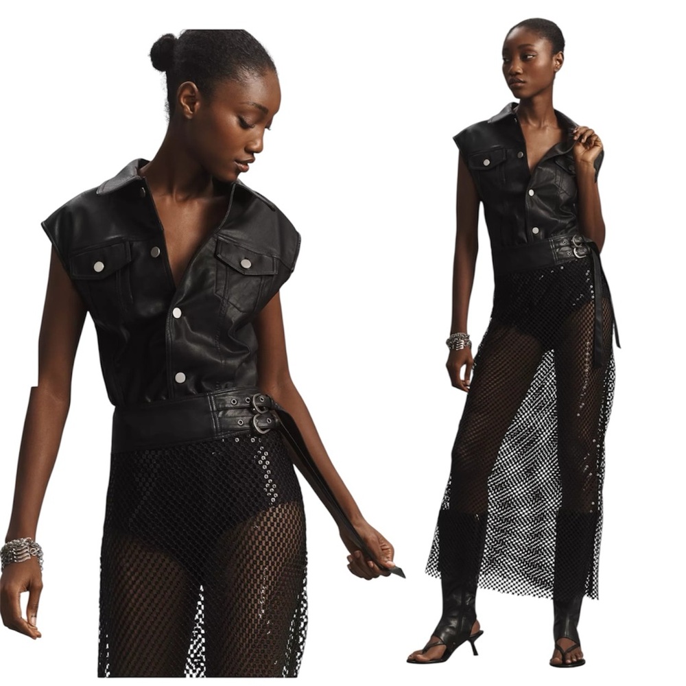 NWOT Ronny Kobo Carlyle Faux Leather Bodysuit in Black Size Small